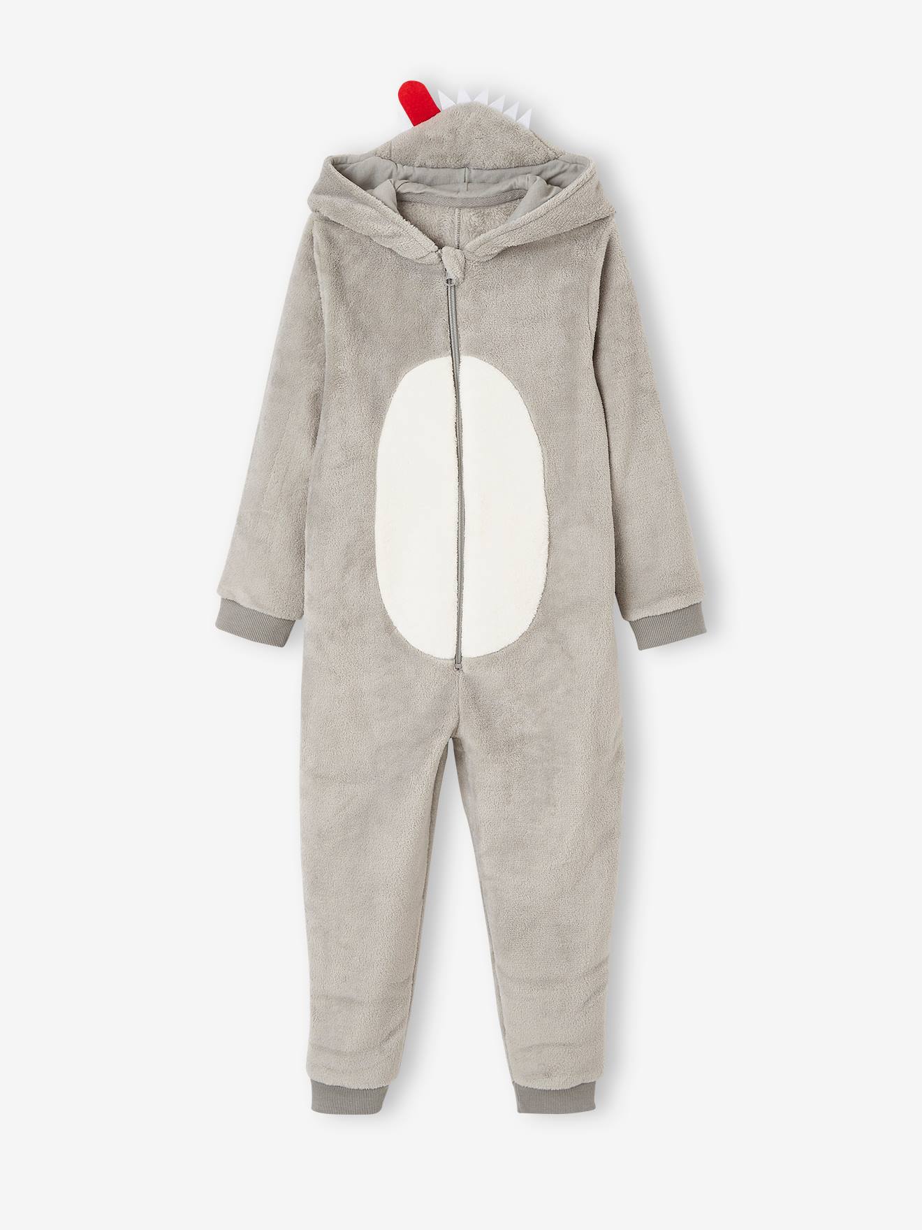 Pijama macacão de lobo para meninos, cinza claro liso com estampas.