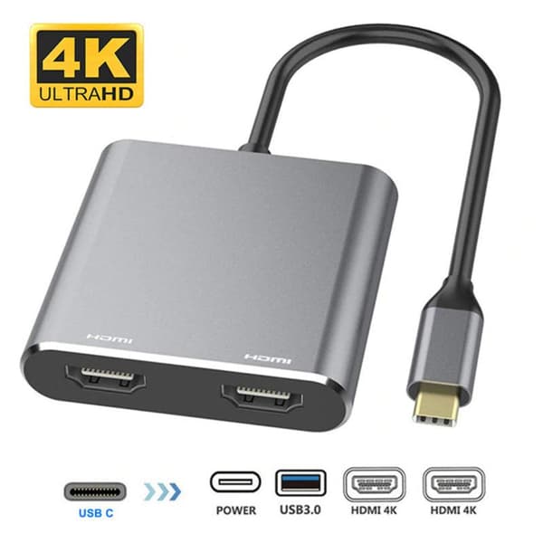 NÖRDIC USB-C til 2xHDMI-adapter 4K30Hz 1xUSB-C 60W PD 1xUSB-A 3.1 5Gbps MST