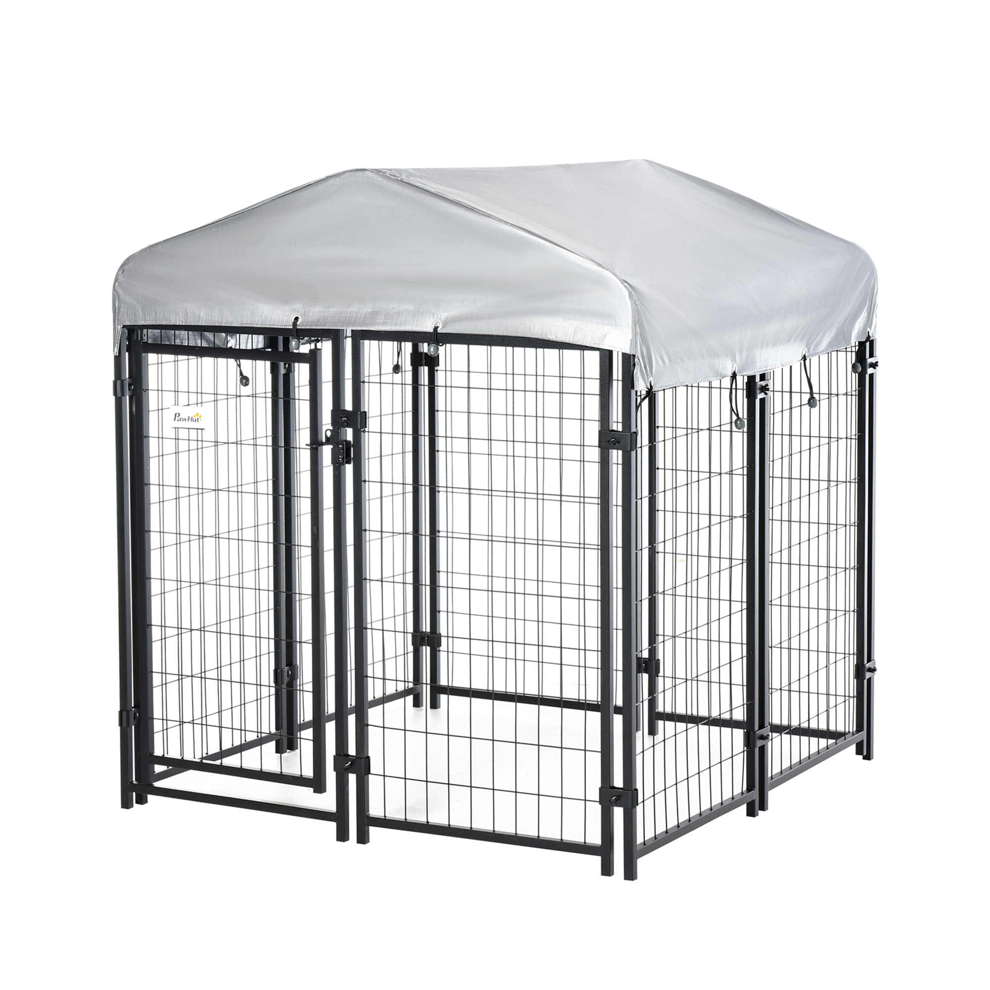 Canil externo Pawhut com cobertura, 120x120x138 cm, gaiola para cães, cercado para animais de estimação com tela metálica e porta com trava para jardim e pátio, cor prata.