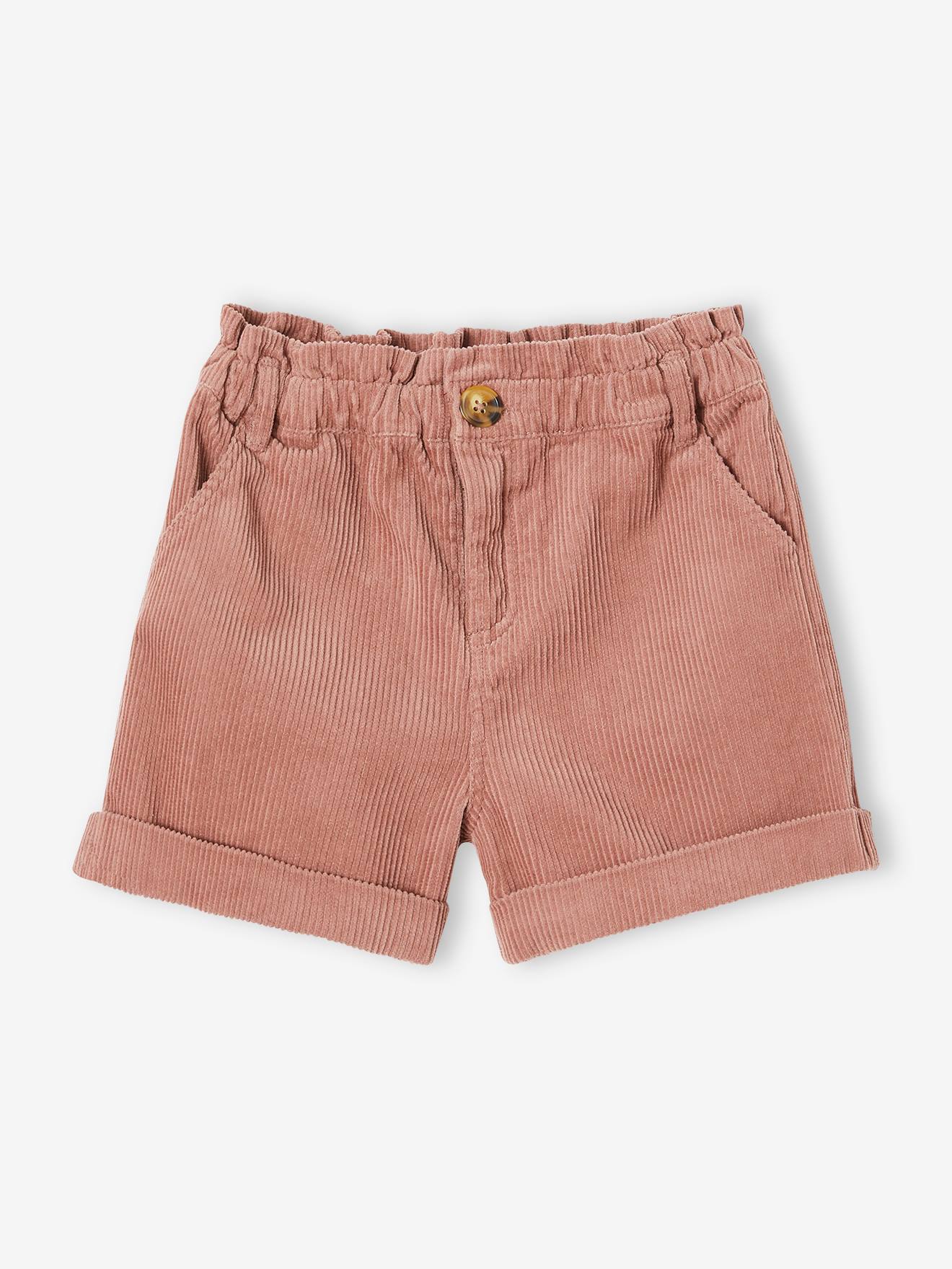 Calça curta de veludo cotelê, estilo paperbag, marrom médio, lisa.