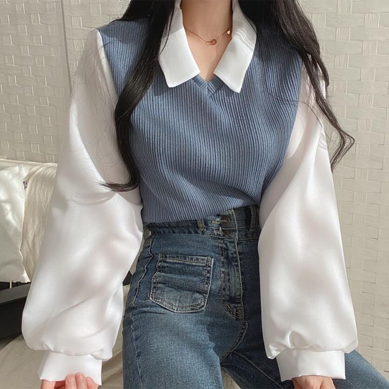 Enpheriado - Mock Two-Piece Long-Sleeve Two Tone Panel Blouse