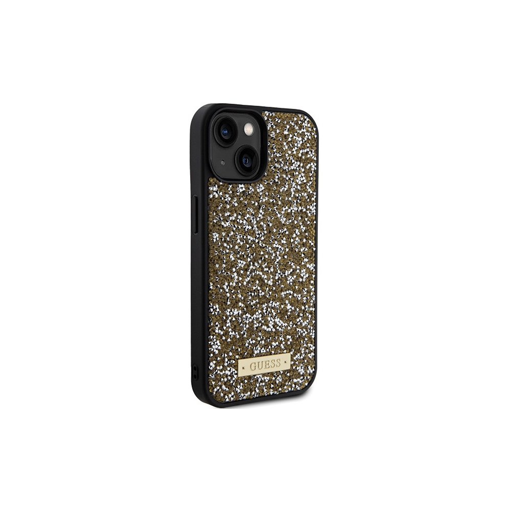 iPhone 15 Hybrid Hardcase Hülle Rhinestone Metal Logo (GUHCP15SPFGSBSD) - Gold / Schwarz