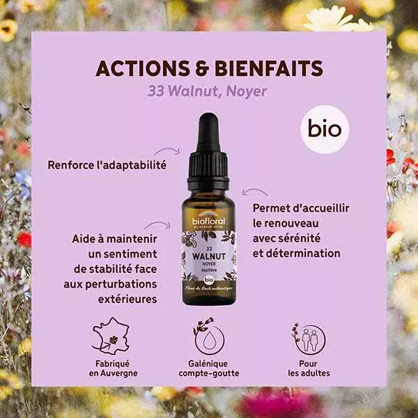 Biofloral Fleur De Bach 33 Walnut Noyer Compte Gouttes Bio Demeter 20 ml