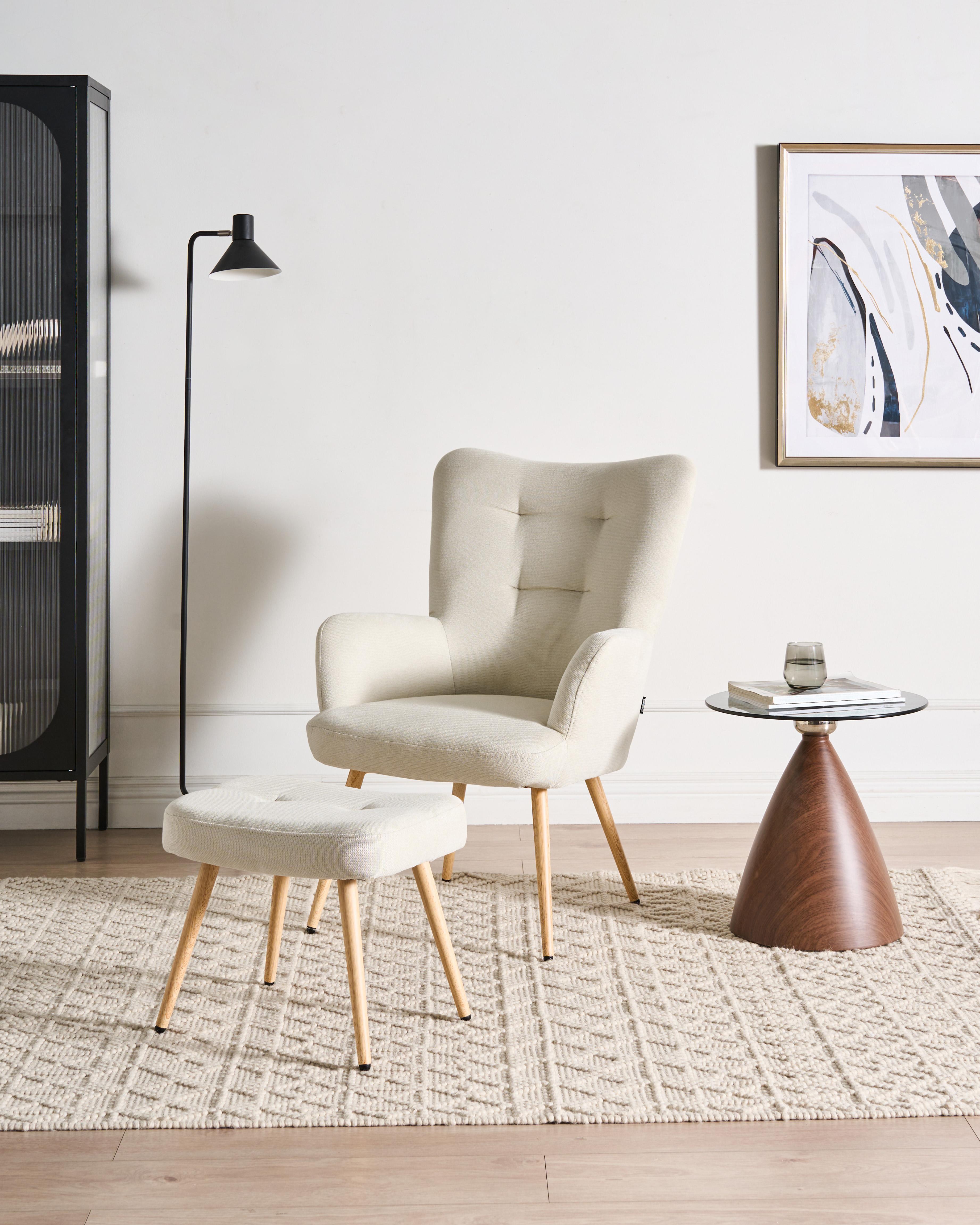 Oorfauteuil VEJLE met voetenbank Stof Lichtbeige