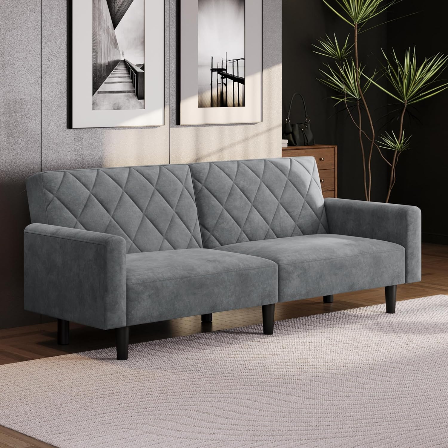Yaheetech 2 Sitzer Sofa mit Schlaffunktion, 159cm Sofabett aus Samtstoff, Kleine Schlafcouch, 140,5 × 94 cm Liegefläche, für Wohnzimmer/Schlafzimmer, Dunkelgrau