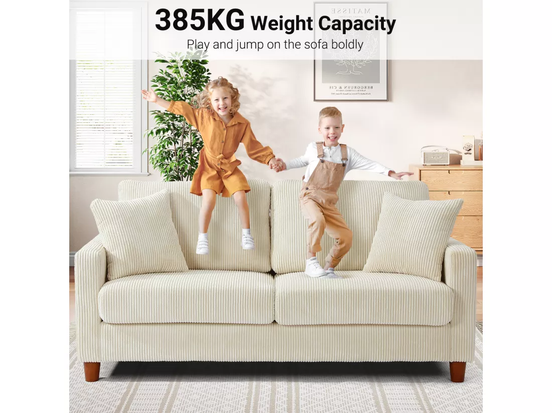 Canapé en Velours Côtelé 2 Places,Grand Canapé Droit Rembourré Moderne avec Sièges extra profonds de 56cm - 2 Coussins - 178x76x89cm - Beige