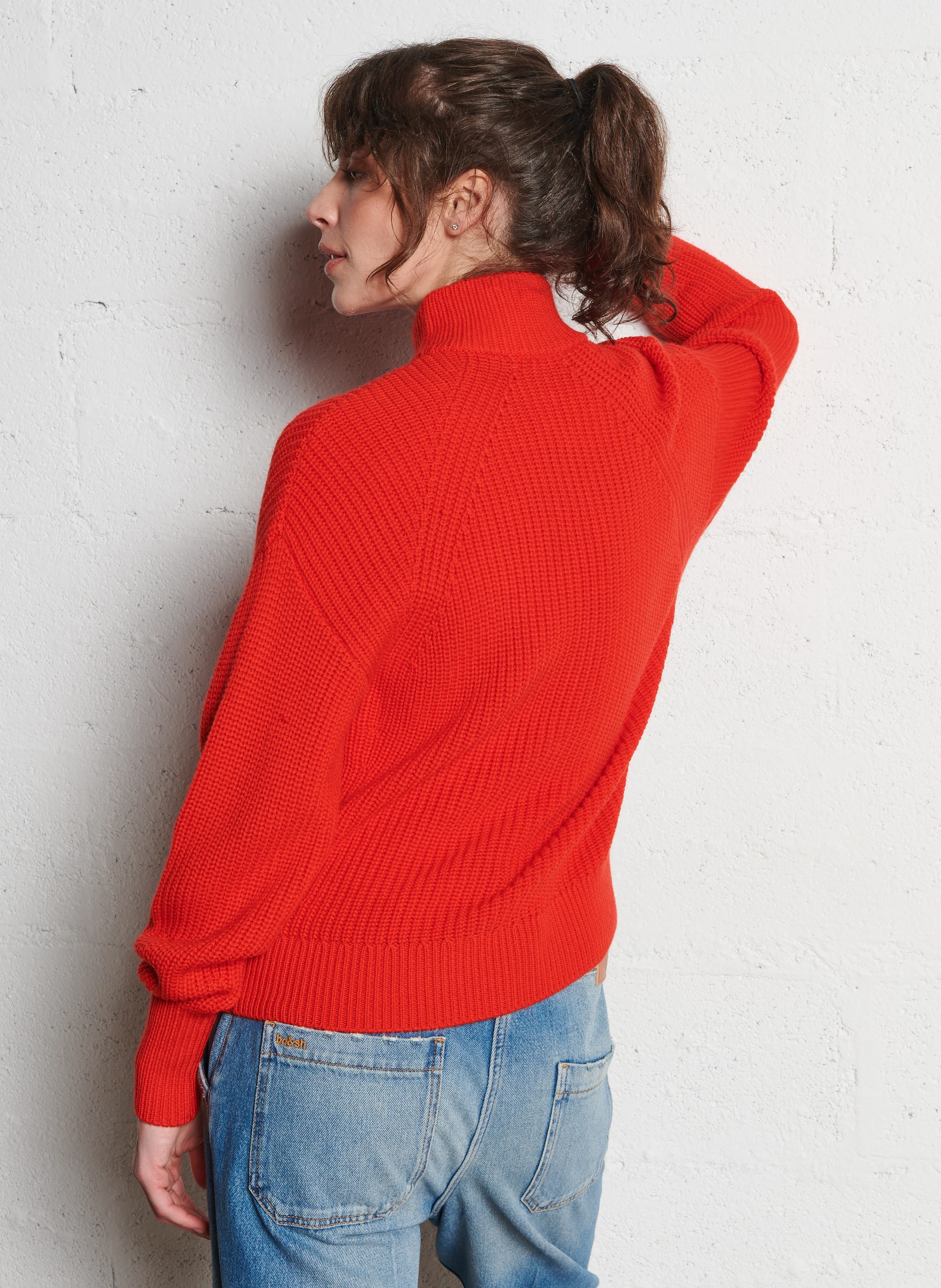 Pull droit col montant zippé en laine mérinos | Rouge