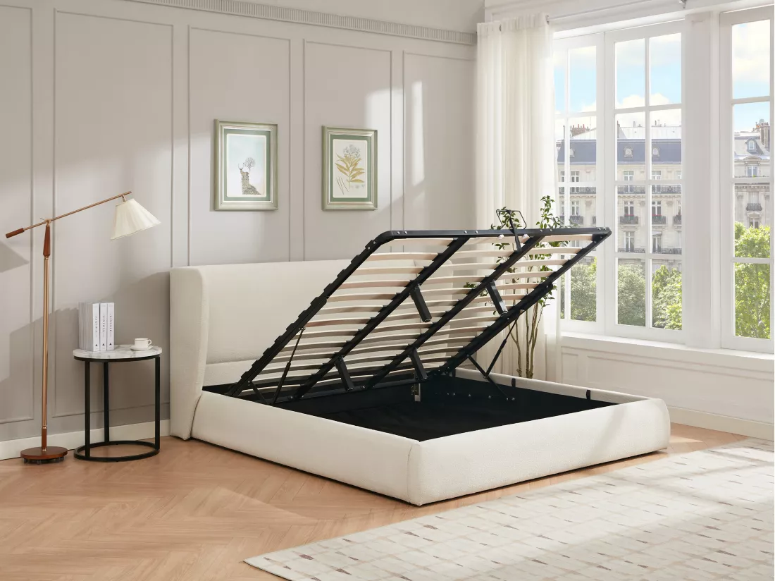 Lit coffre 140 x 190 cm - Tissu bouclette - Crème + Matelas - CORTAGA