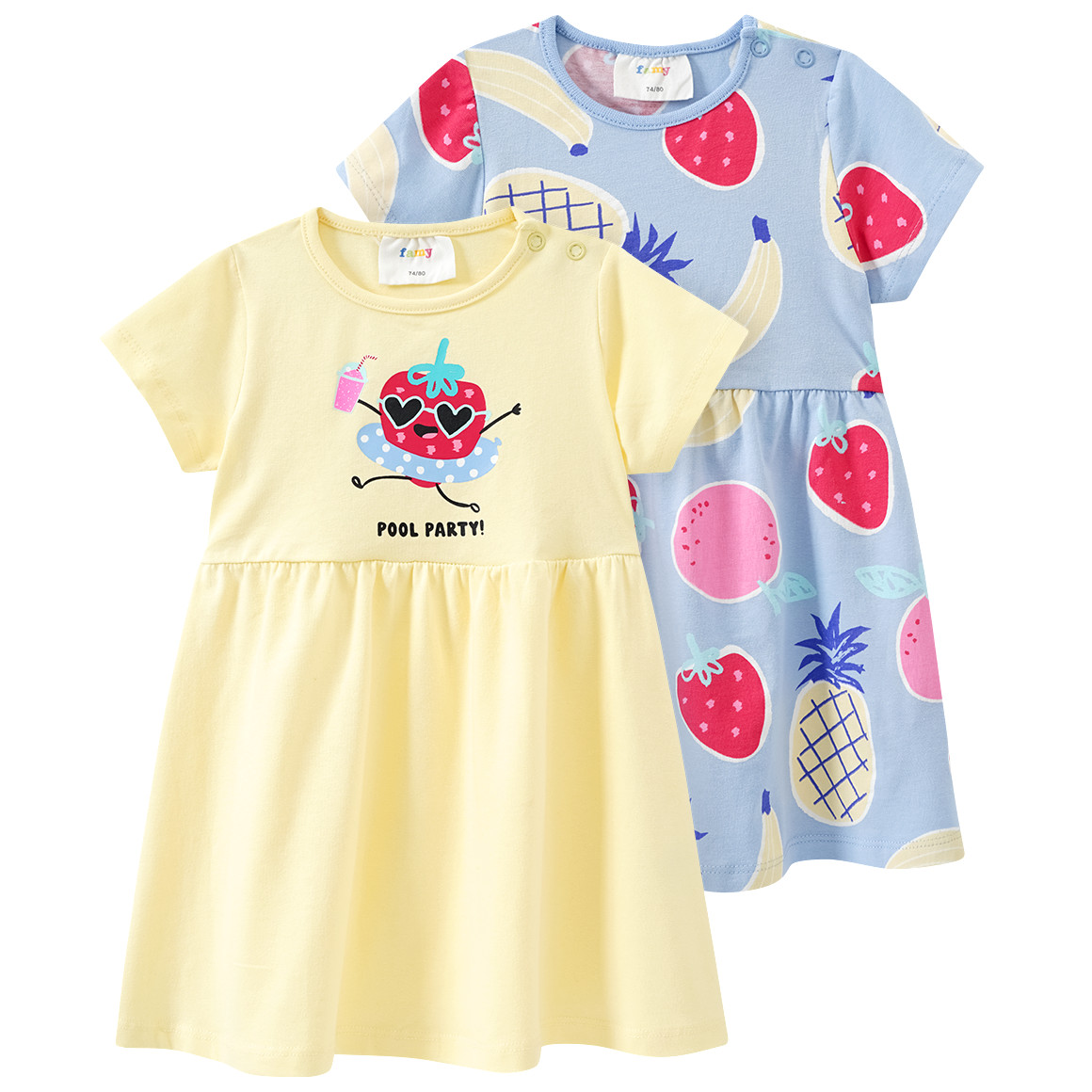 Famy 2 Baby Kleider mit bunten Motiven hellgelb / hellblau