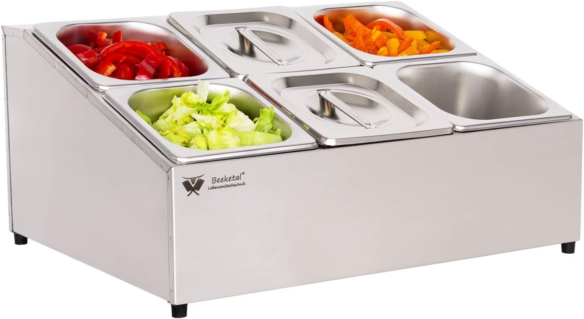 Beeketal 'BGN6-Duo' Edelstahl GN Aufsatzboard für 6 Gastronorm Behälter (zweireihig), Gastro Zutatenbehälter inkl. 6 Stück (GN) 1/6 Behälter mit Deckel, abgeschrägtes Gestell mit Anti-Rutsch Füßen