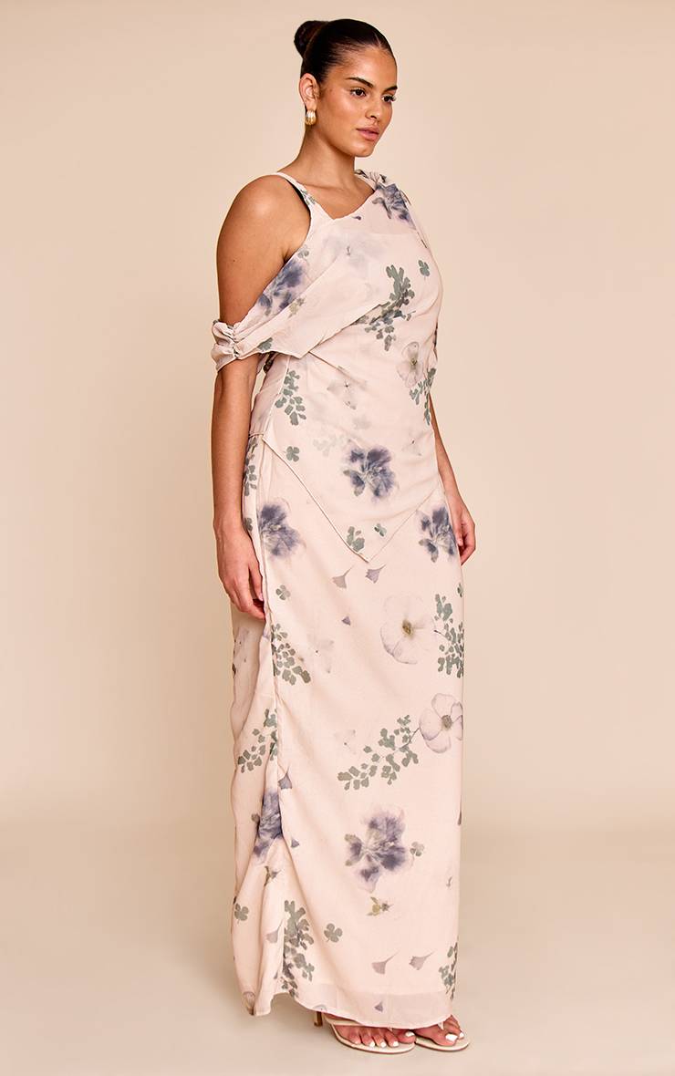 Sable Robe Maxi Drapée En Mousseline Imprimée Abstraite Grande Taille