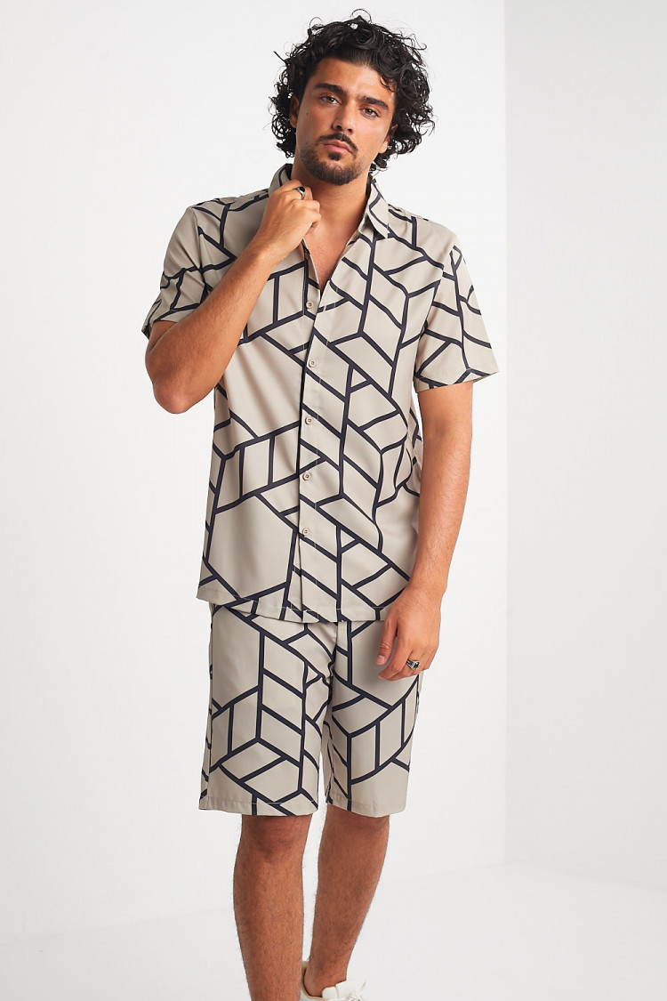 Ensemble 2 pièces chemise + short beige foncé à motif géométrique