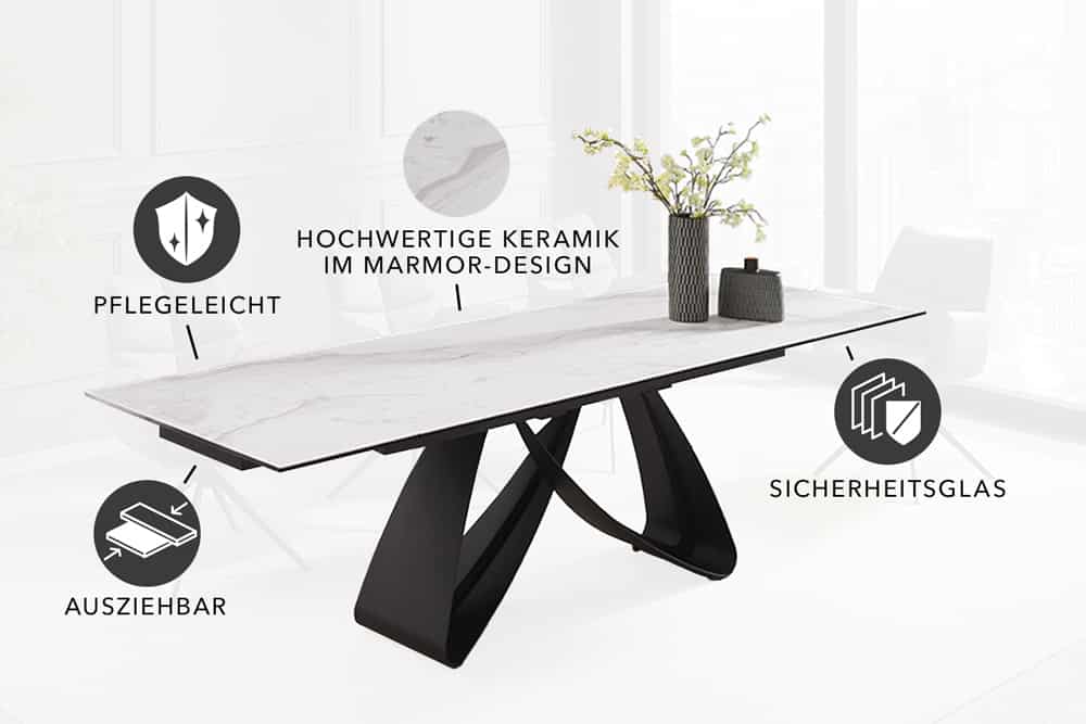 Ausziehbarer Esstisch INFINITY 180-260cm weiß Keramik Marmor schwarz Metall
