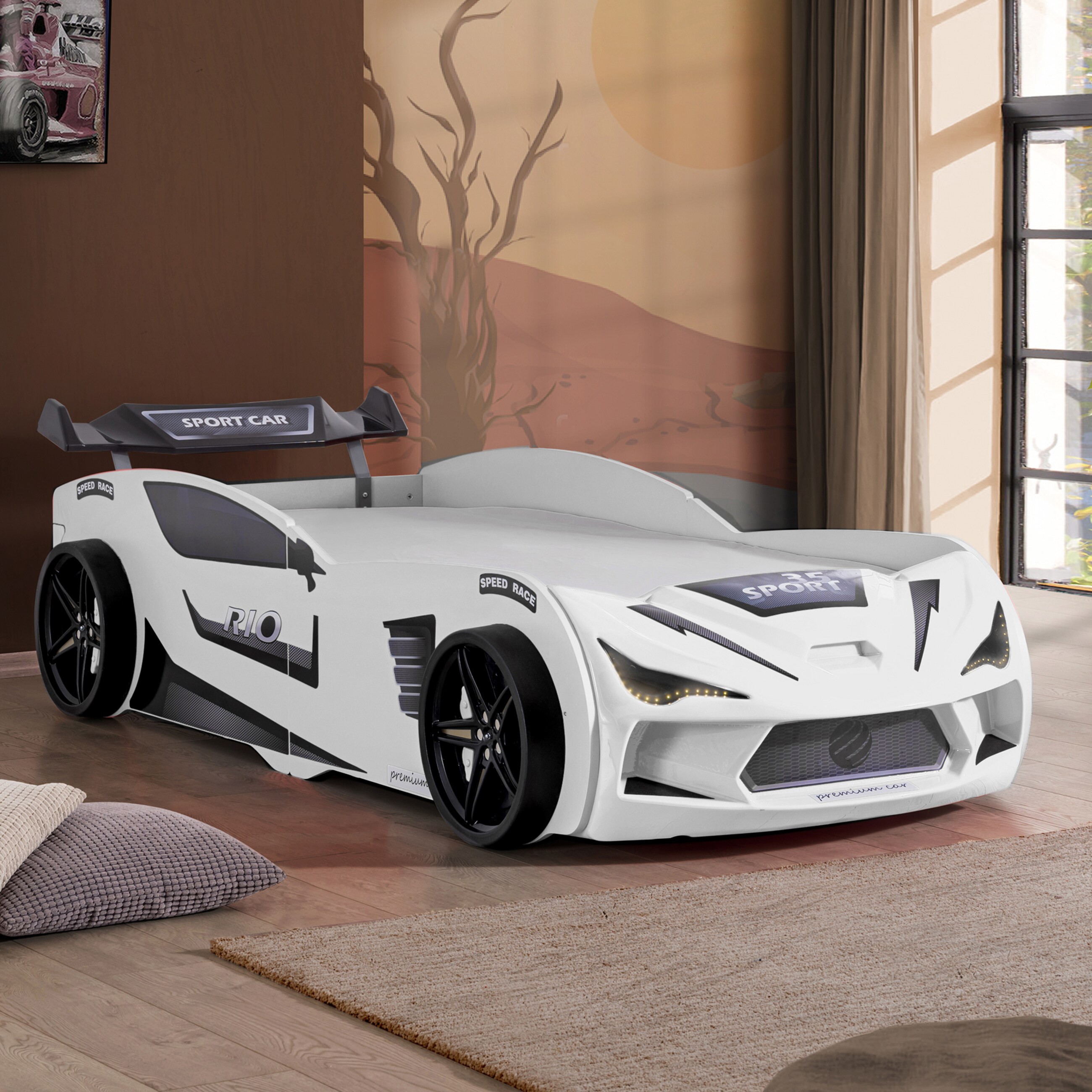 Autobett 90x200 Rio Kinderbett mit LED Leuchte und Lattenrost Weiß