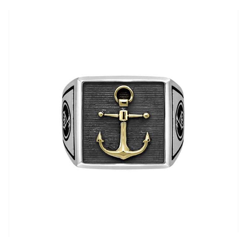 Chevalière Homme Argent Ancre Marine Doré Homme