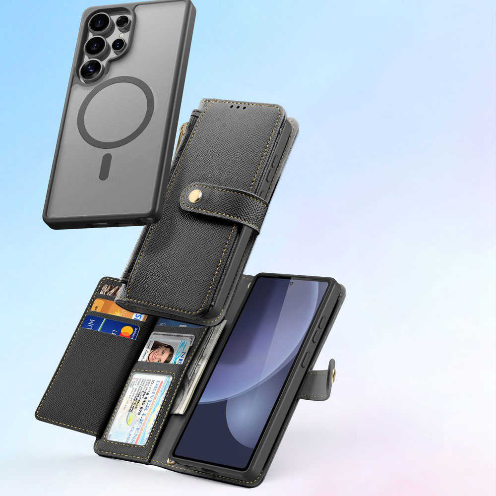 Samsung Galaxy S25 Ultra Leder Tasche mit Kartenfächer   Münzfach   Magnetische Schutzhülle - Schwarz