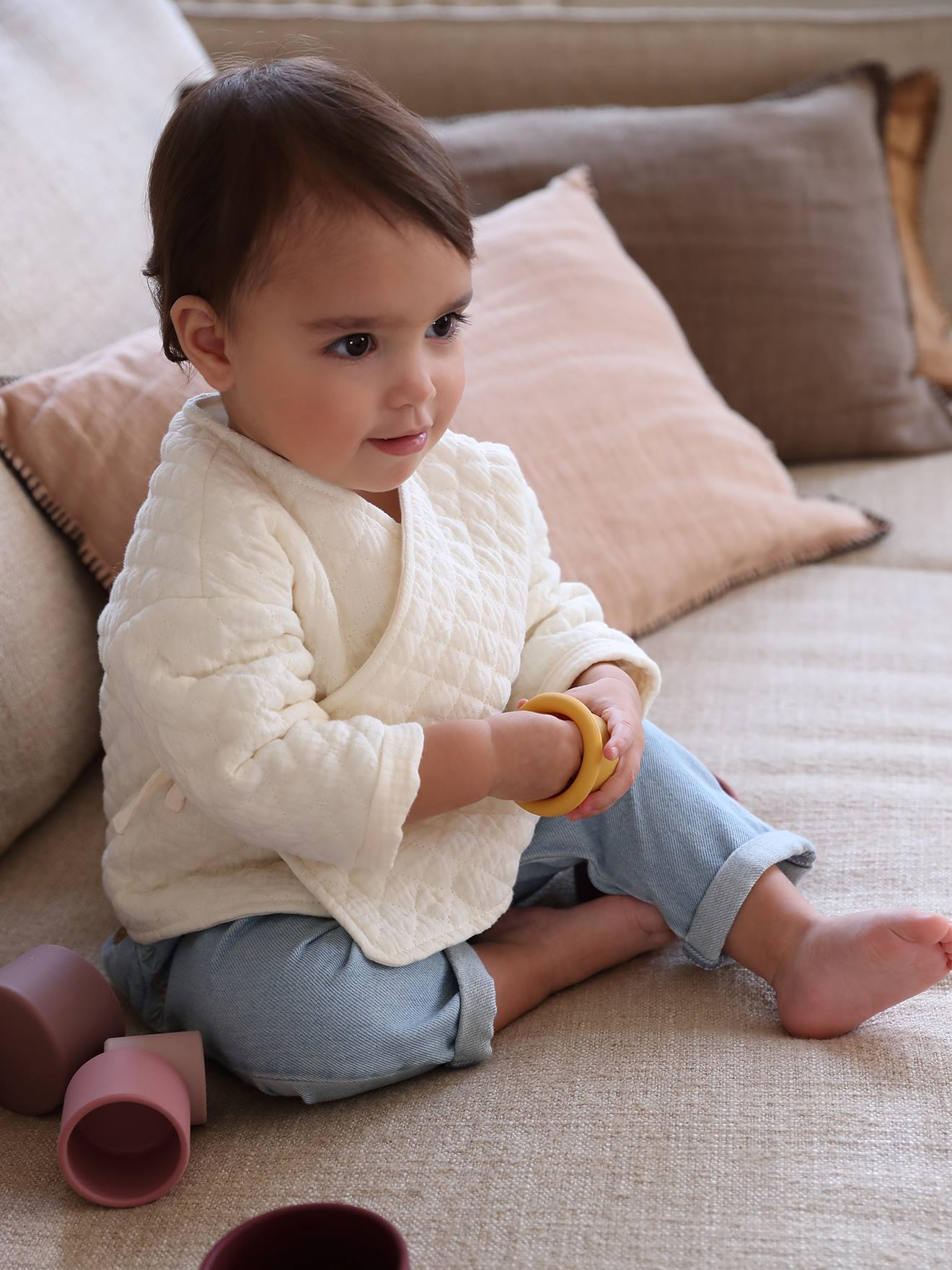 Calça harém de jeans para bebê com bordado, jeans desbotado