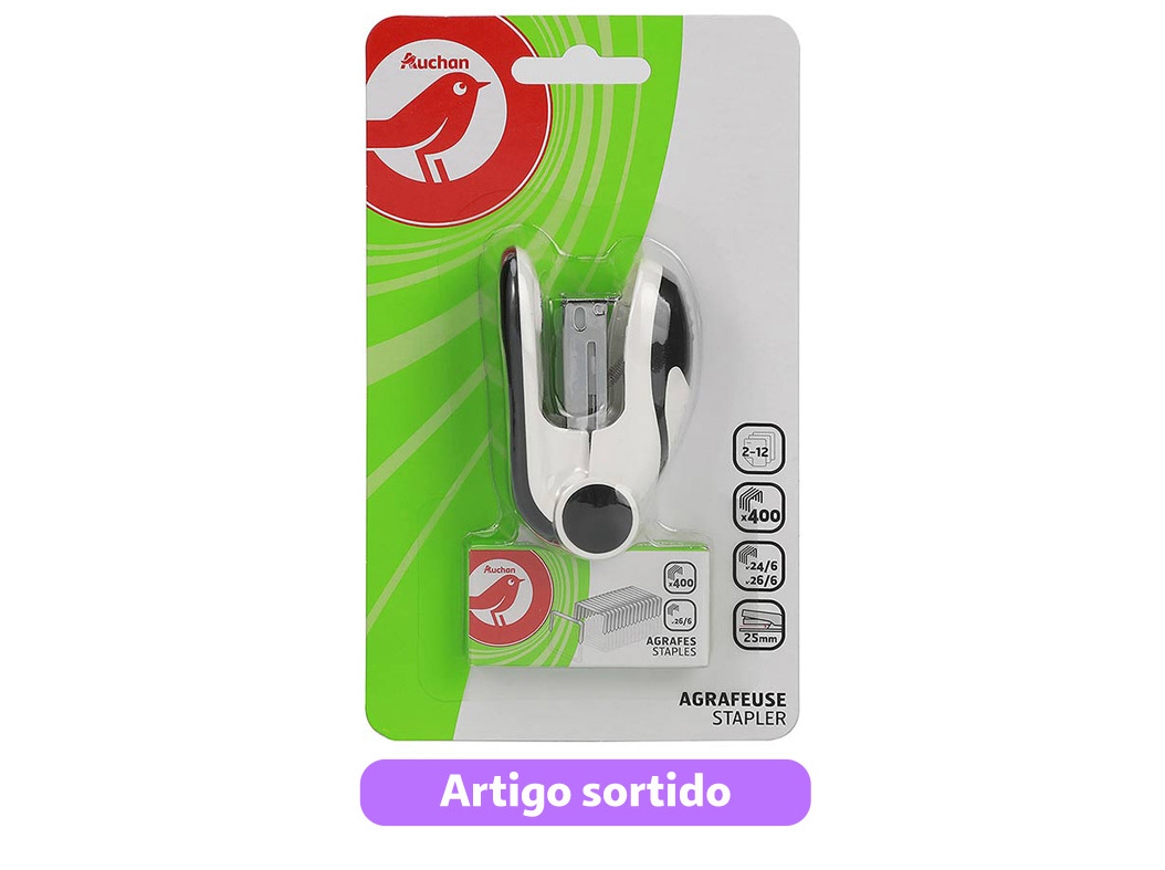 CONJUNTO DE MINI AGRAFADOR 24/6-26/6 AUCHAN E CAIXA COM 400 AGRAFOS CORES SORTIDAS