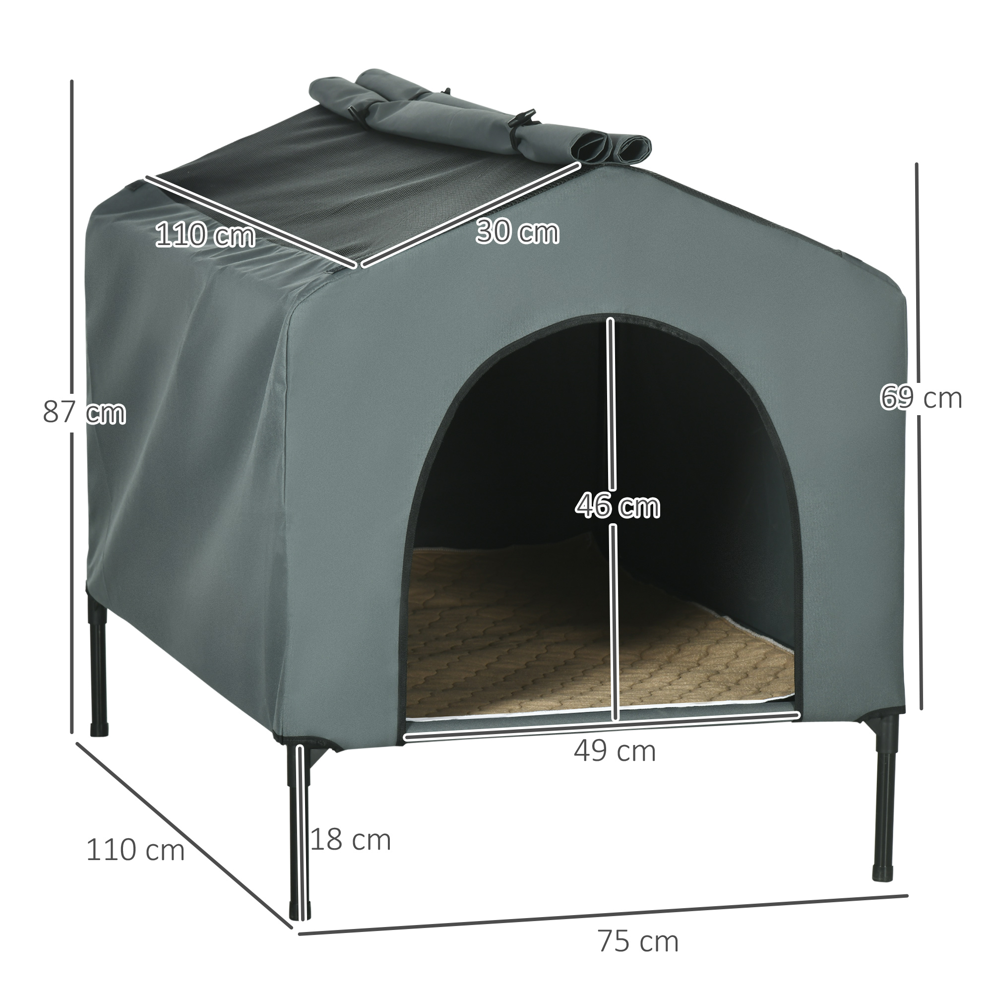Canil PawHut com capa externa, 110x75x87 cm, cama elevada para animais de estimação com almofada e janelas de malha enroláveis para cães grandes, cinza.
