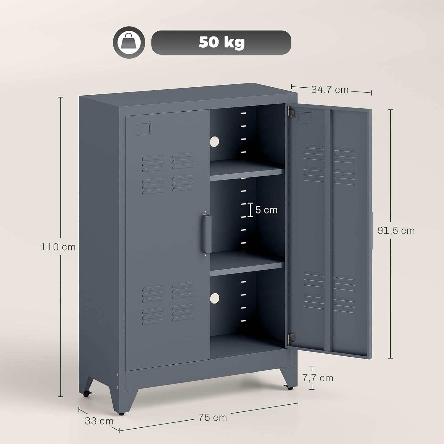 HOMCOM Aktenschrank Metallschrank Mehrzweckschrank mit magnetischer Lamellen-Doppeltür Verstellbarer Einlegeboden Büroschrank Aufbewahrungsschrank für Arbeitszimmer Wohnzimmer 75 x 33 x 110 cm Grau