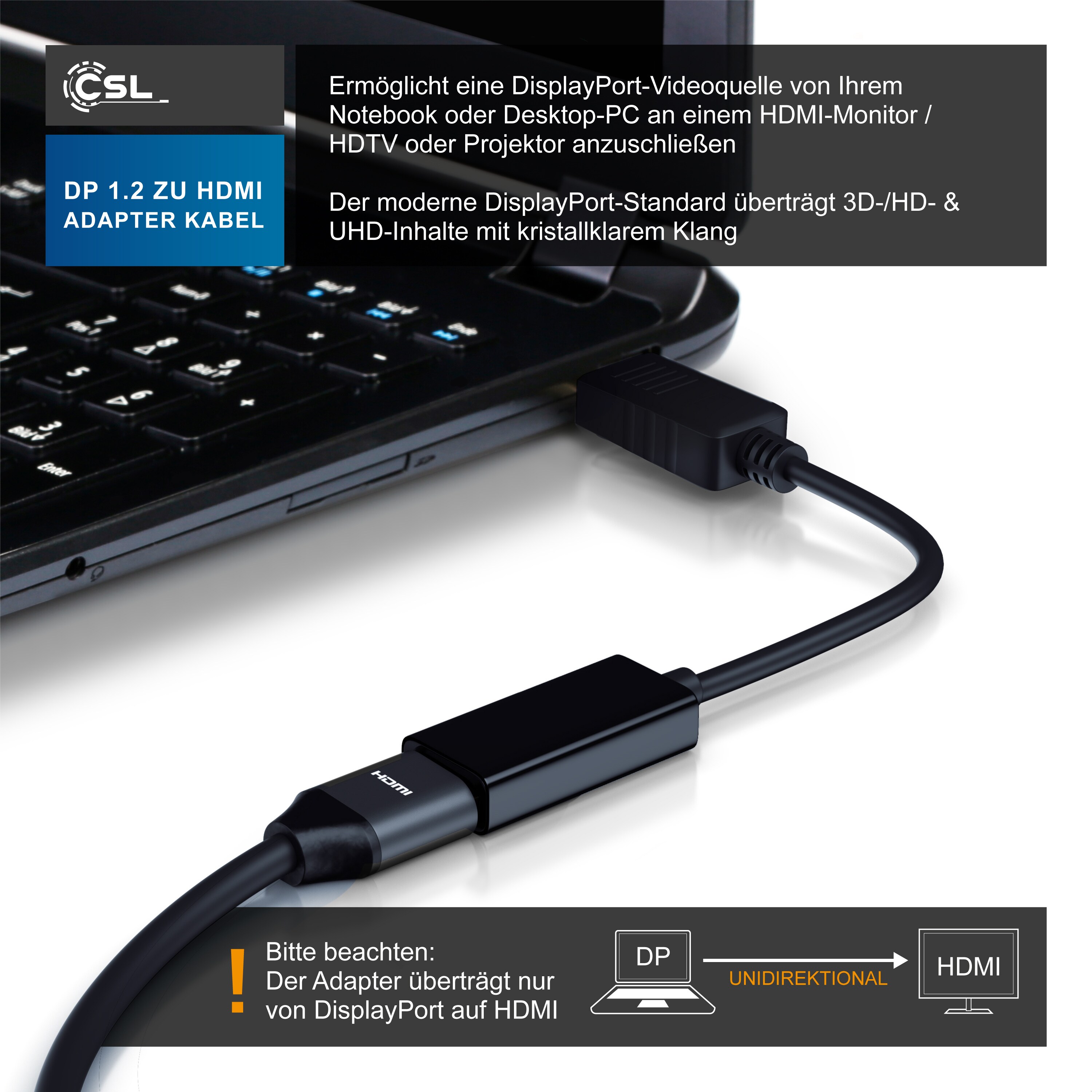 CSL 4k UltraHD DP 1.2 zu HDMI Monitor Adapter Kabel, DisplayPort zu HDMI Typ A