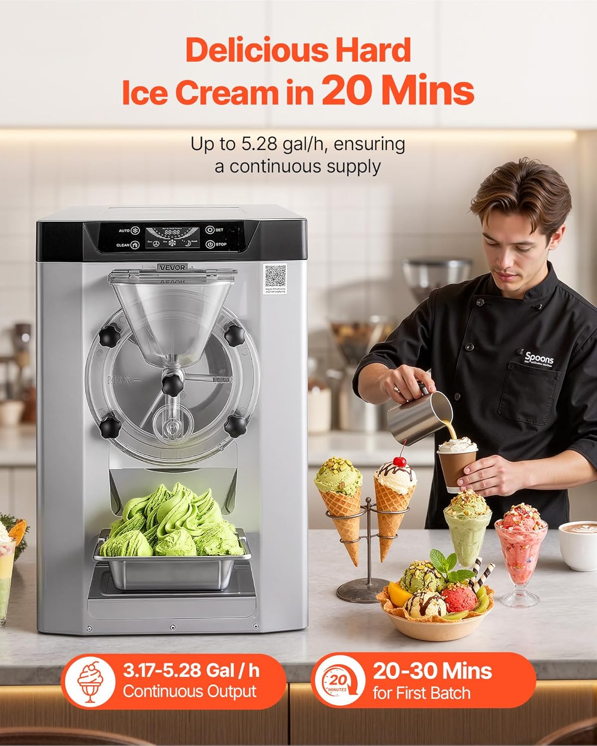 VEVOR Gewerbliche Eismaschine Eiscrememaschine 2000 W 12–20 L/h, Tischgerät für Gelato mit 6 L Edelstahlbehälter (304) & Selbstreinigendes LED-Bedienfeld für Snackbars Restaurants Silber