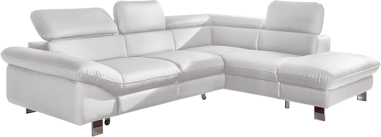 Mivano Ecksofa Driver mit Schlaffunktion und Stauraum / Ledersofa in L-Form mit Ottomane rechts / Inkl. verstellbare Kopfstützen / 266 x 73 x 214 / Kunstleder weiß