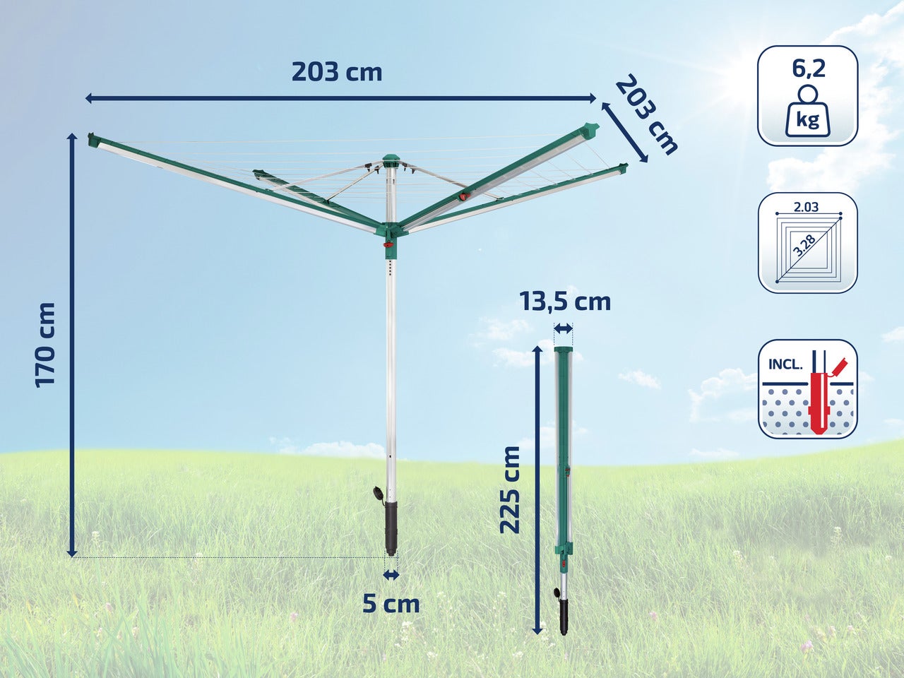 Leifheit Linomatic 500 Deluxe Cover droogmolen met lijnintreksysteem voor schone was, droogrek voor het hele gezin, droogrek inclusief bodemhuls en beschermhoes, 50m lijn voor 5 wasbeurten