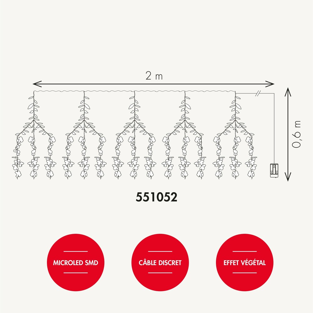 Branches lumineuses de glycines à piles 110 microled blanc chaud - l2m h60cm - int/ext - chromex
