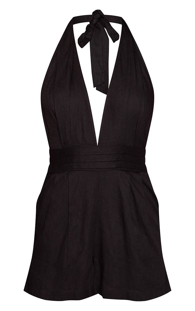 Noir Combi-short À Col Licou Et Dos Noué Aspect Lin