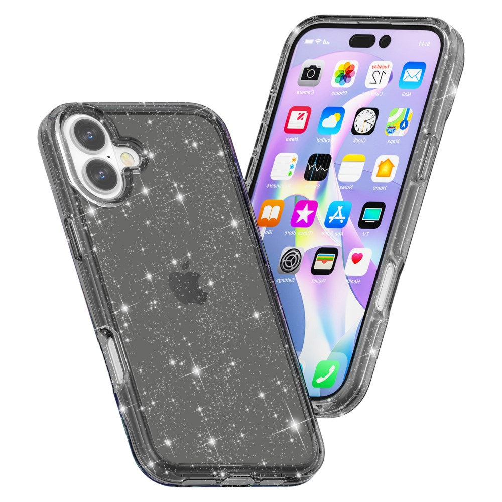 iPhone 16 Hybrid Hardcase Schutzhülle im Glitzer Design - Schwarz / Transparent