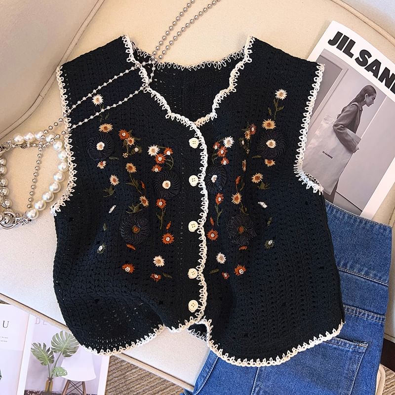 Juuri - Gehaakt vest met V-hals en bloemen