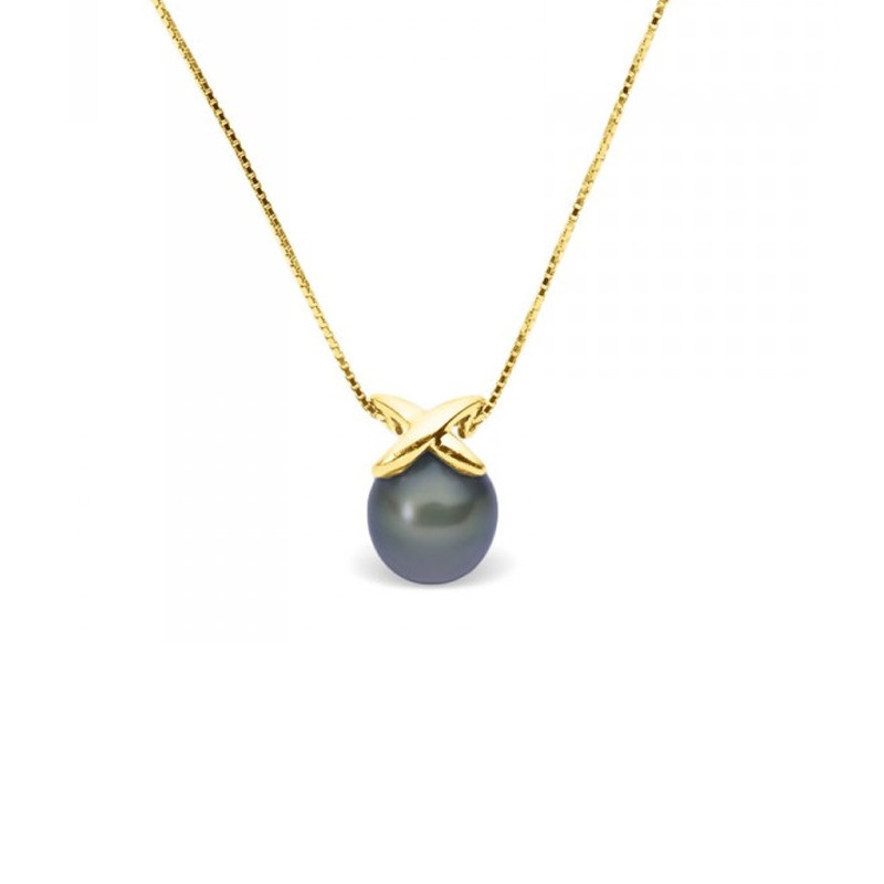 Collier Pendentif Femme en Or Jaune 375/1000 et Perle de Culture Noire