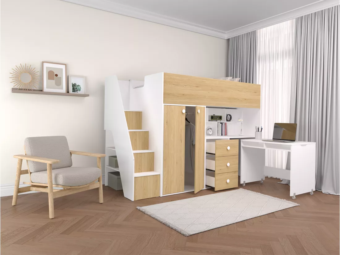 Lit mezzanine 90 x 190 cm avec armoire et bureau - Blanc et naturel + Matelas - LANILATO