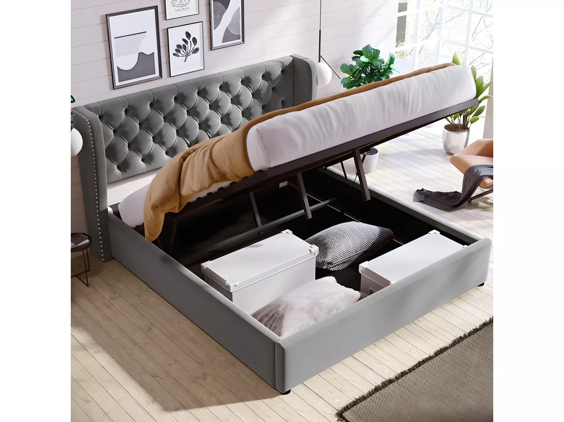 Lit coffre double Lit rembourré en forme d'oreille,velours,140x190cm,Lit fonctionnel hydraulique avec sommier à lattes et espace de rangement,Gris