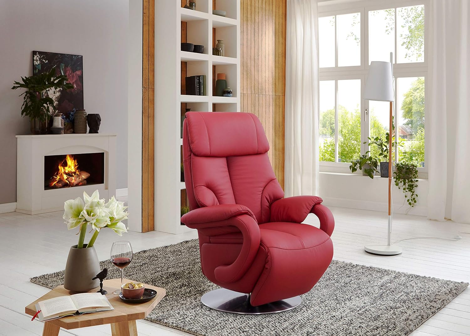 CAVADORE Ledersessel Istanbul / Fernsehsessel mit manuell verstellbarer Relaxfunktion / 80 x 115 x 79 / Echtleder: Rot