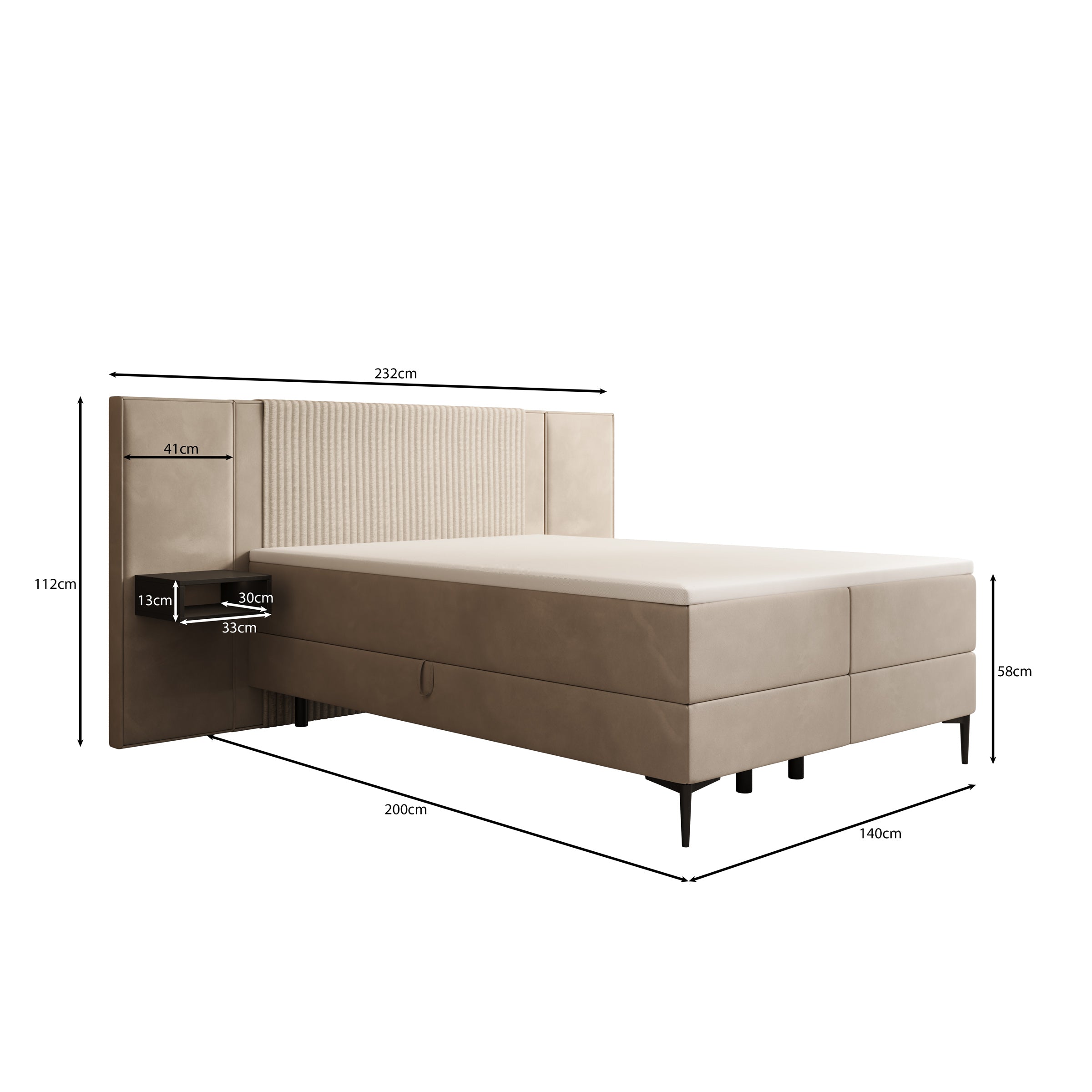 Boyd - Boxspring met nachtkastjes en LED - Velvet beige - 140x200 cm
