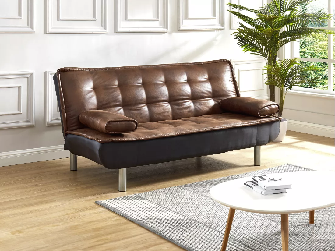 Canapé 3 places convertible clic-clac en microfibre vieilli marron MISHAN II