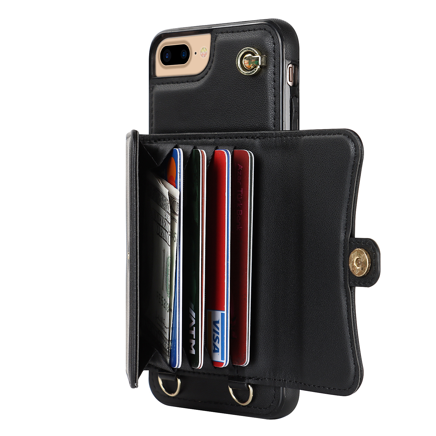 iPhone SE (2022/2020) / 8 / 7 / 6S Necklace Leder Schutz Hülle mit Kartenfach   Handykette (140cm) - Schwarz