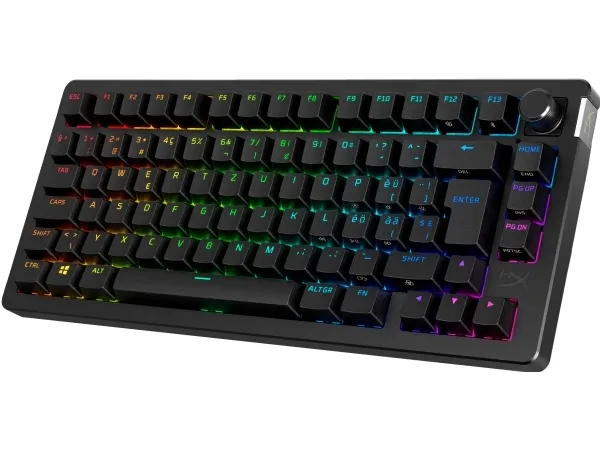 HyperX Alloy Rise - Tastatur - 1000 Hz pollingfrekvens, 100% anti-ghosting, 80 millioner tastetryk - 75% - bagbelyst - trådløs - 2.4 GHz, Bluetooth, USB-C - tastkontakt: HyperX Linear - sort