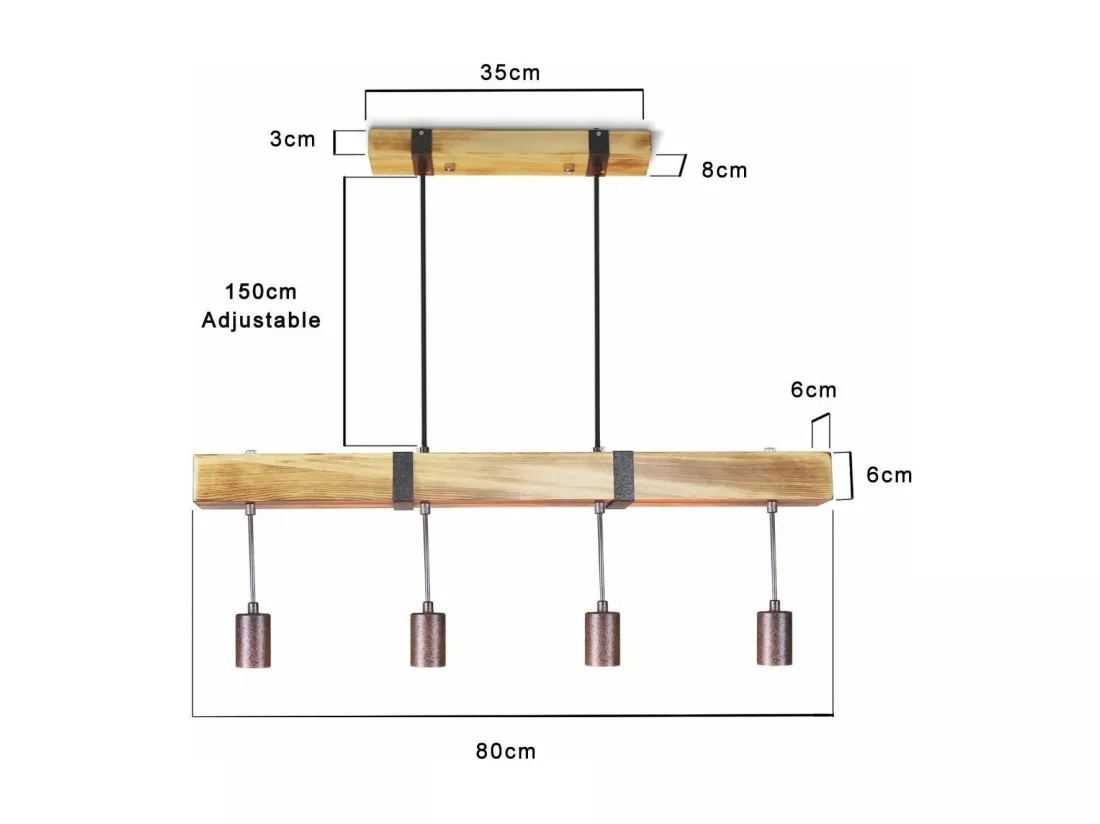 NETTLIFE Suspension 4 ampoules E27 Diam.80cm rétro avec poutre en bois Vintage pour salle à manger cuisine max.25W