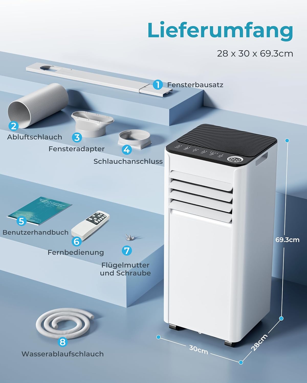 Klimaanlage Mobil - Klimagerät mit Abluftschlauch 7000 BTU | 4-in-1 Mobiles Klimagerät | Leiser Betrieb | Digitaldisplay + Fernbedienung | Fenster-Installationsset | 24h-Timer | Für Räume bis 20 m²
