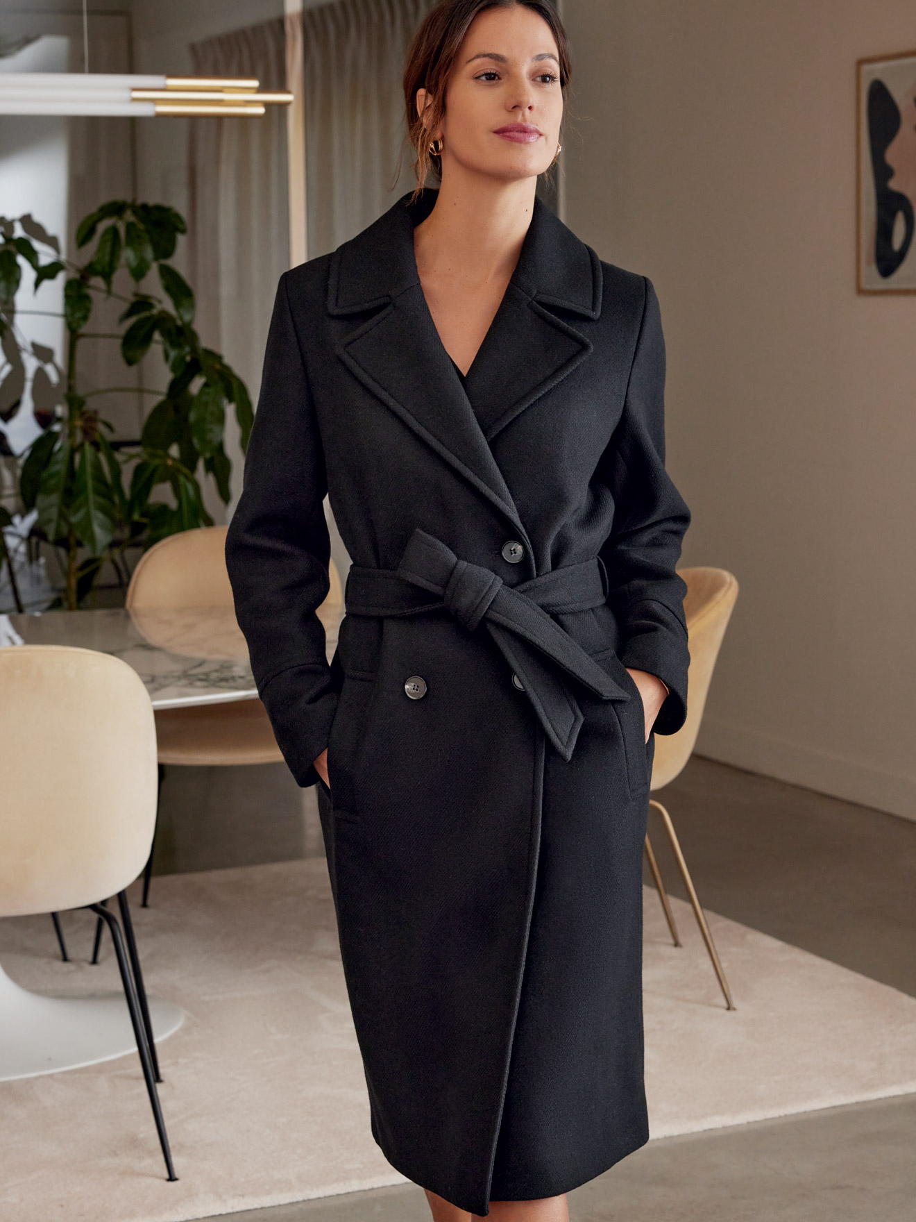 Manteau croisé long 50% laine