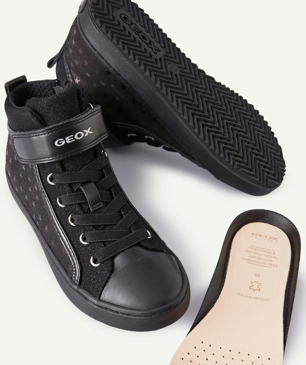 GEOXBASKETS MONTANTES NOIRES BRILLANTES AU TISSU ÉTOILÉ