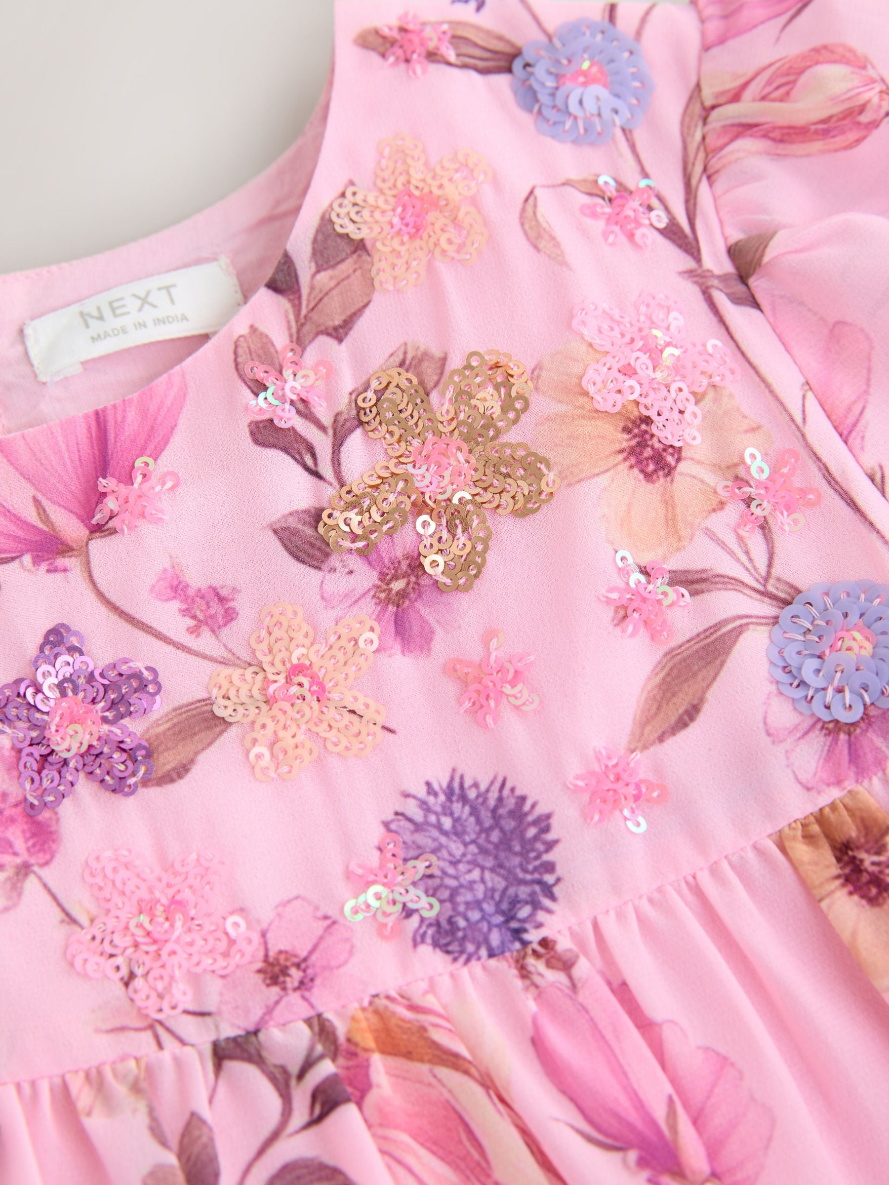 Lichtroze met bloemenprint - Chiffon jurk (3-16jr)