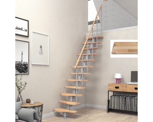 Pertura middentrap, ruimtebesparende trap Vaia, parelgrijs, variabel, kwartslag, links/rechts onder, recht, 64 cm, balustrade, beukenhout gelamineerd, gelakt, 11 treden / 12 stootborden