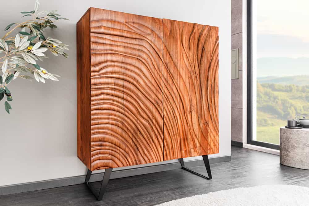 Massives Highboard FLUID 120cm walnuss-braun Akazienholz 3D-Design Kufengestell
