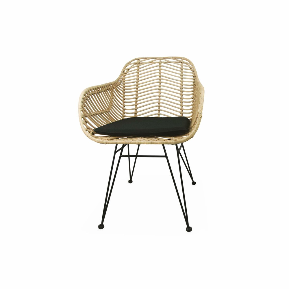 Fauteuil en rotin naturel et métal. Coussin noir - cahya