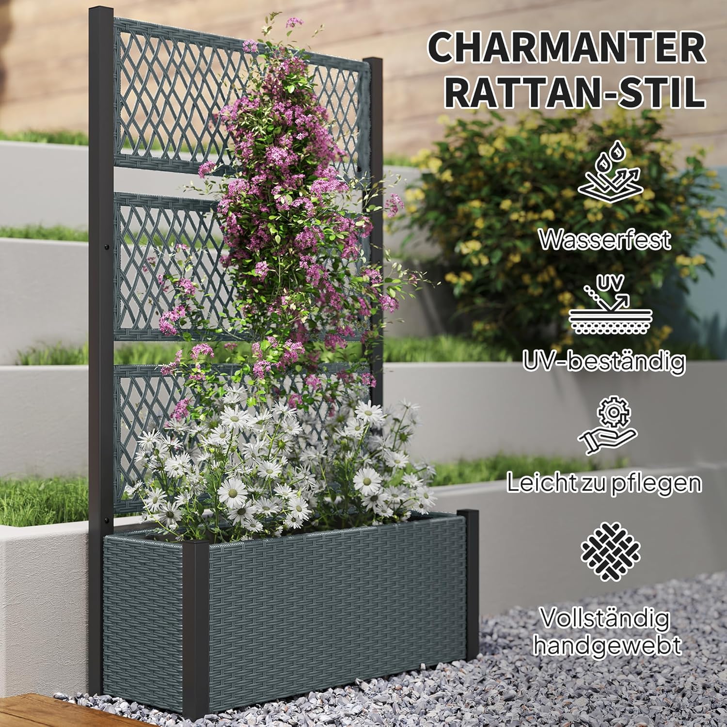 Outsunny Hochbeet mit Rankgitter in Rattan-Optik Pflanzkasten Blumenkasten mit Rankhilfe für Kletterpflanzen Blumenbeet Pflanzkübel Blumenkübel Rankkasten für Garten, Balkon 90 x 35 x 148cm Dunkelgrau