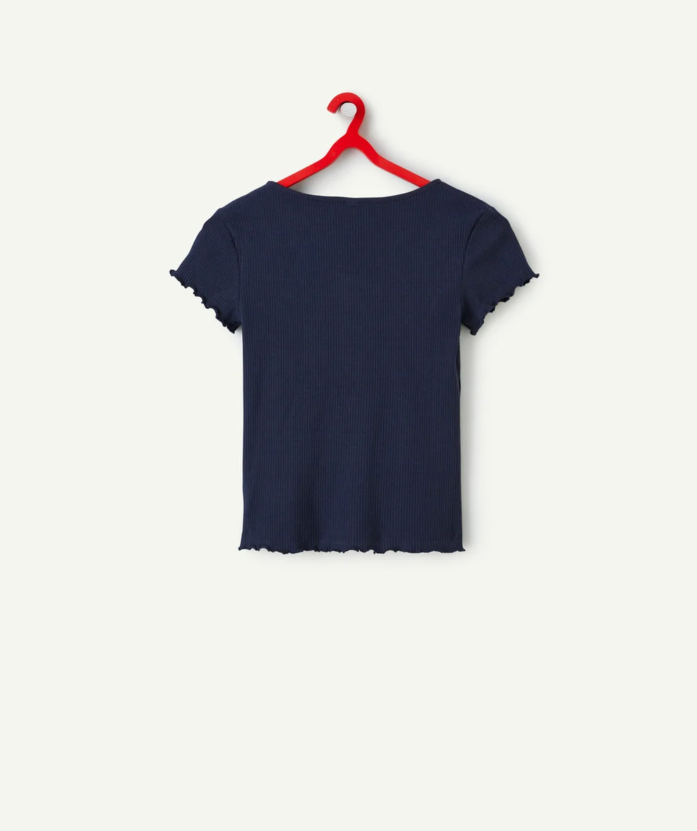T-SHIRT MANCHES COURTES FILLE EN COTON BIO BLEU MARINE CÔTELÉ